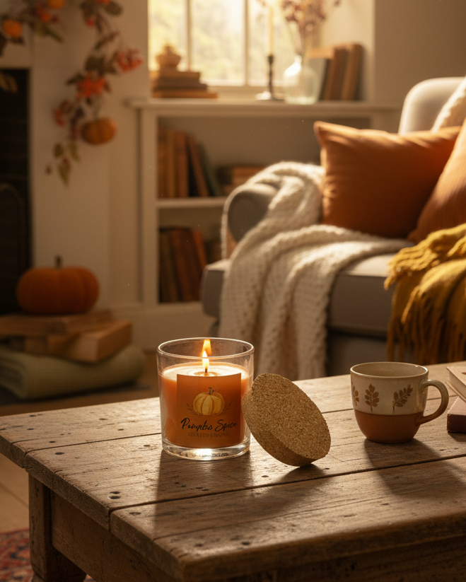 Candela profumata alla zucca e spezie con tappo in sughero