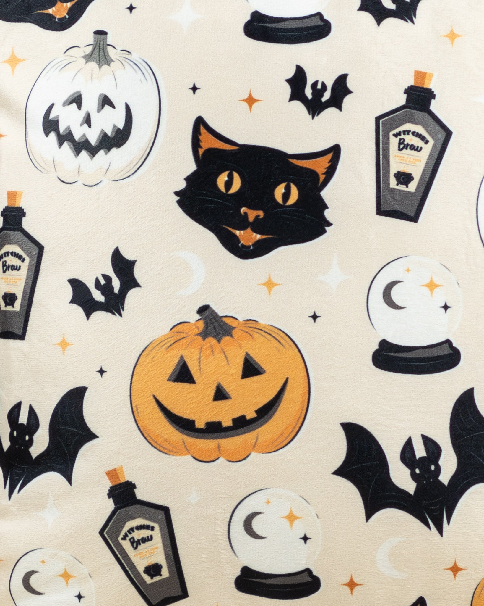 Cuscino decorativo con stampa di gatto nero, zucca e pipistrelli