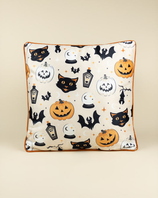 Cuscino decorativo con stampa di gatto nero, zucca e pipistrelli
