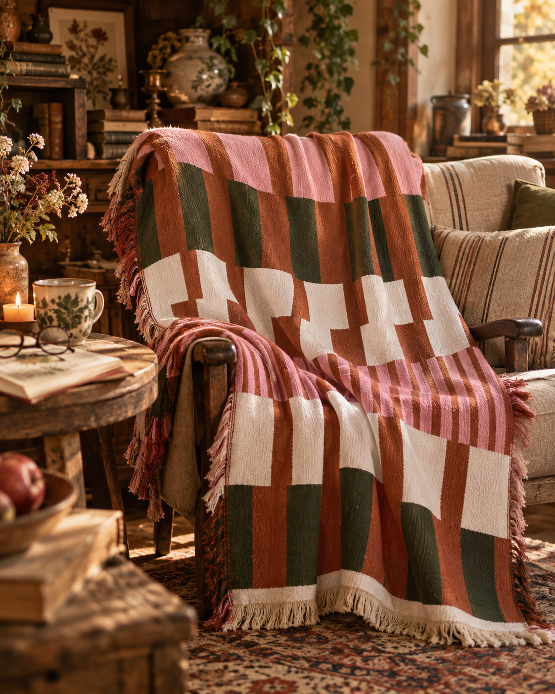 Coperta terracotta e rosa in cotone riciclato