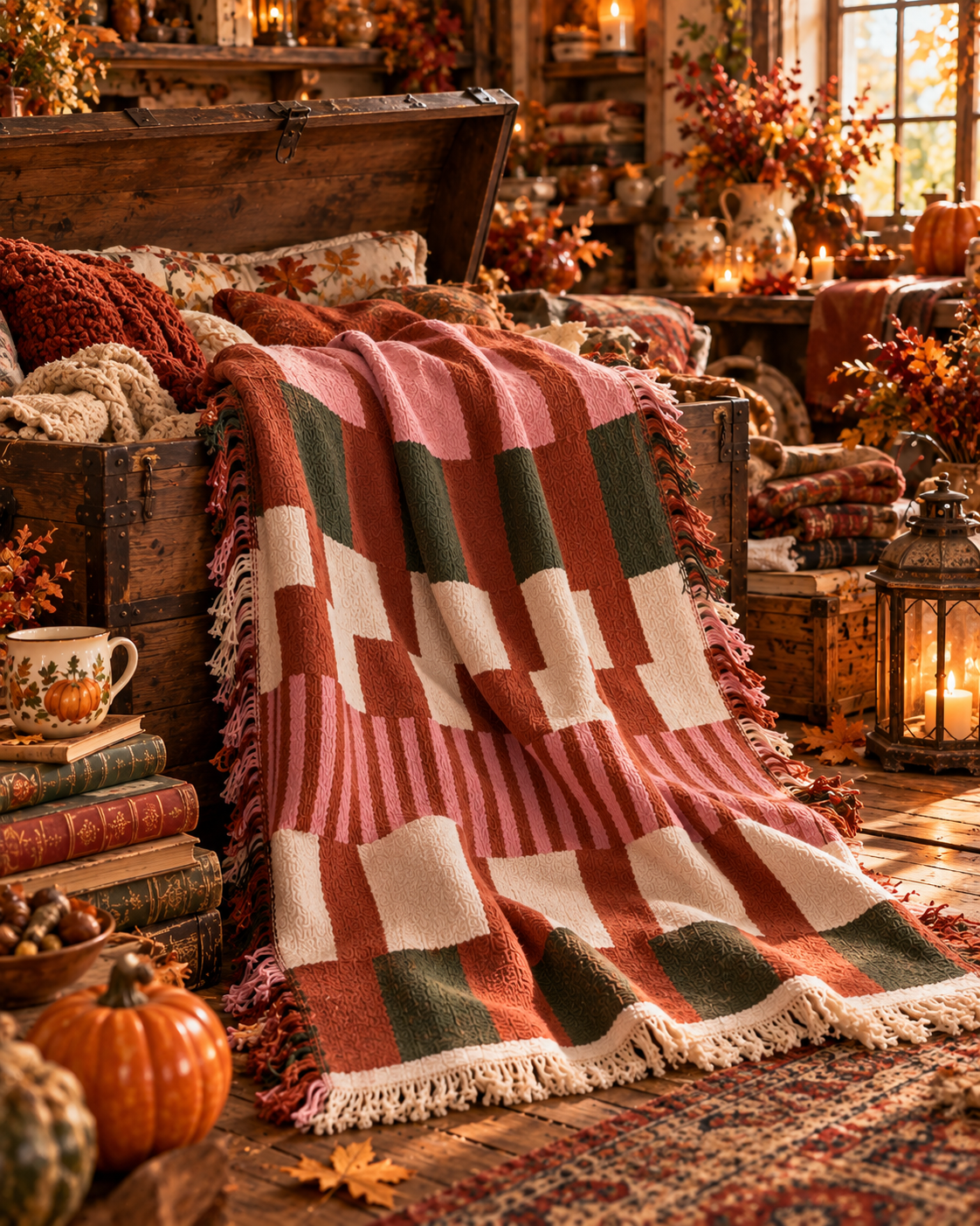 Coperta terracotta e rosa in cotone riciclato