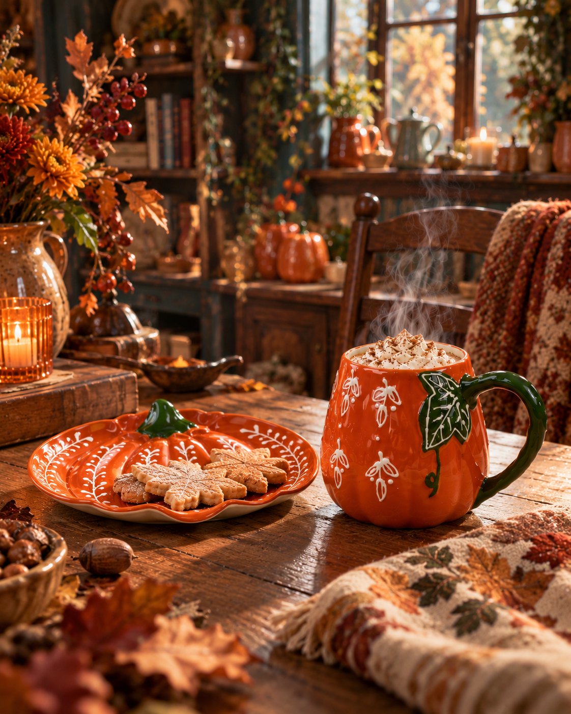 Set autunnale tazza e piattino a forma di zucca