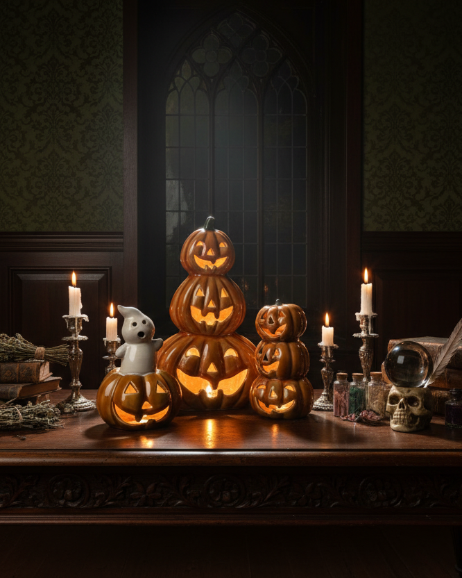 Lanterna LED – Pila di zucche rotonde in porcellana