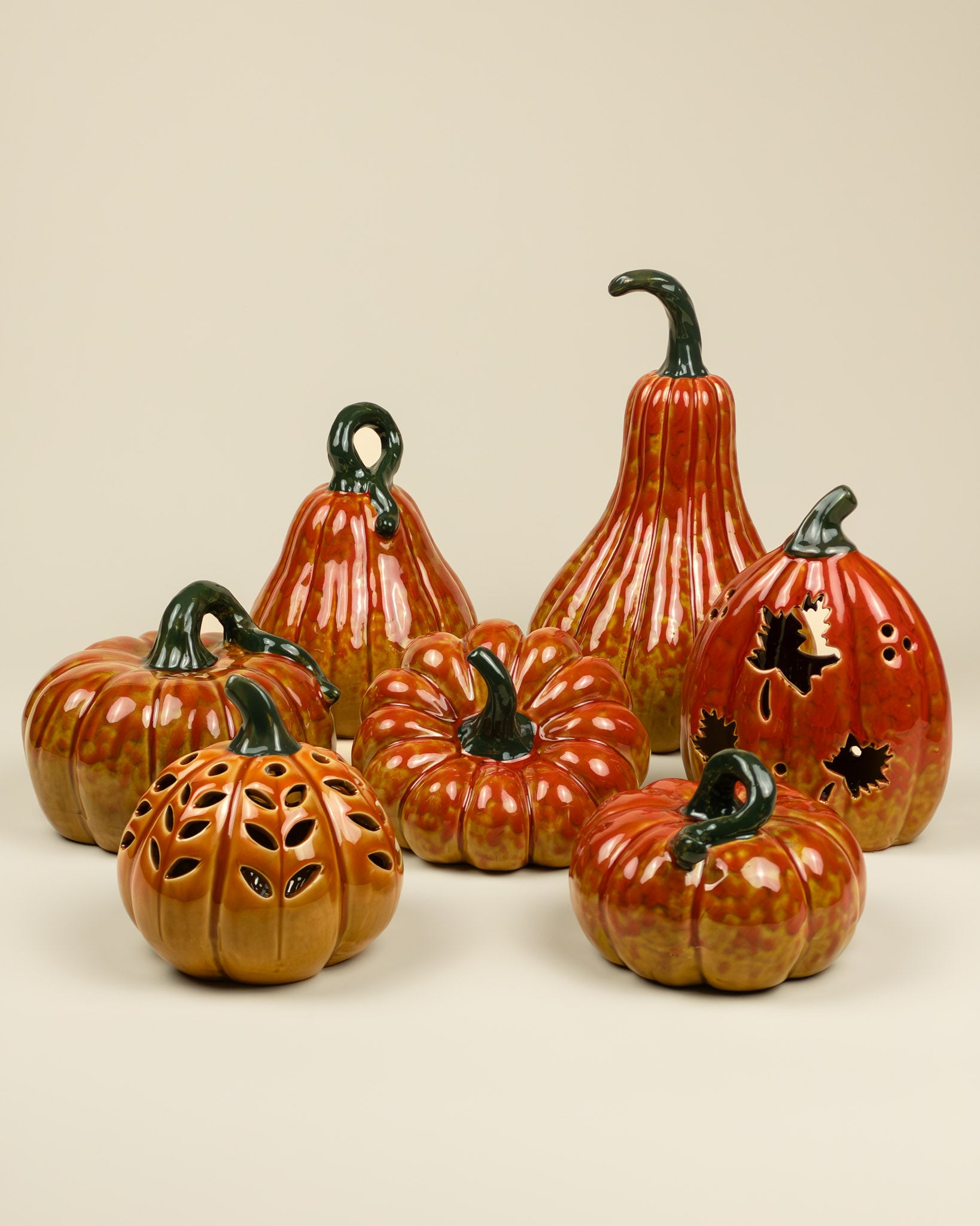 Lanterna LED - Zucca con foglie in porcellana