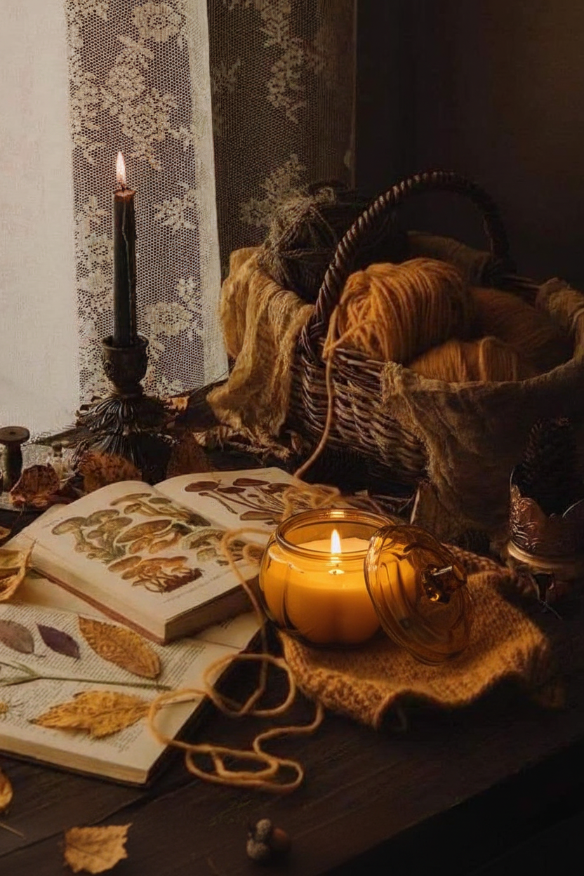 Candela profumata alla vaniglia in vetro ambrato sul tessuto lavorato a maglia
