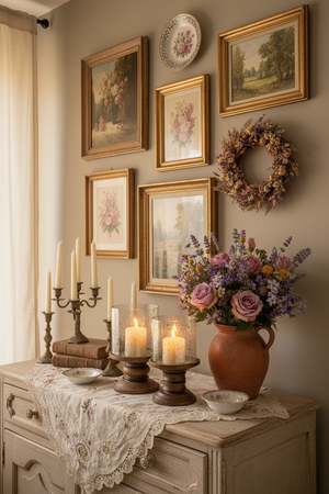 Credenza shabby chic con lavanda e toni viola