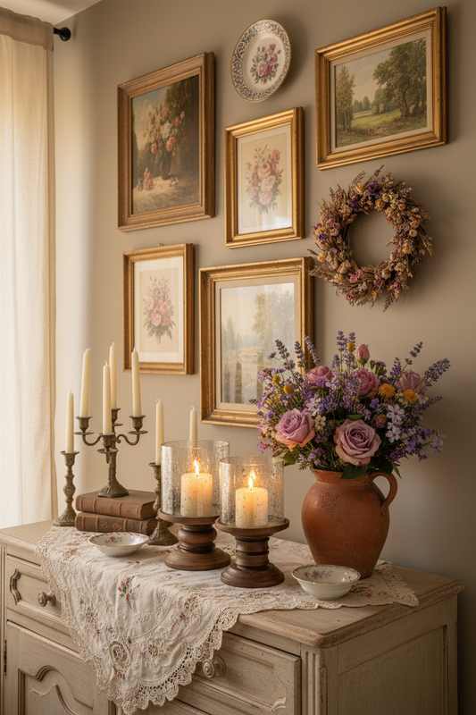Credenza shabby chic con lavanda e toni viola