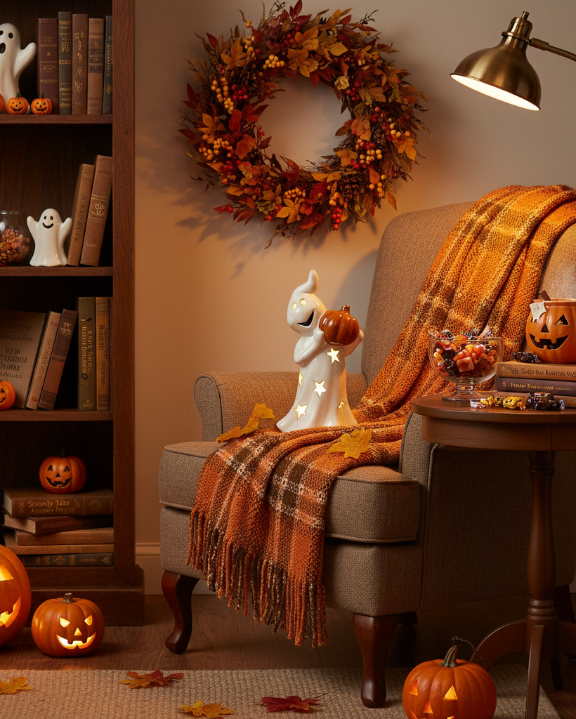 Lanterna LED – Fantasma con zucca in porcellana