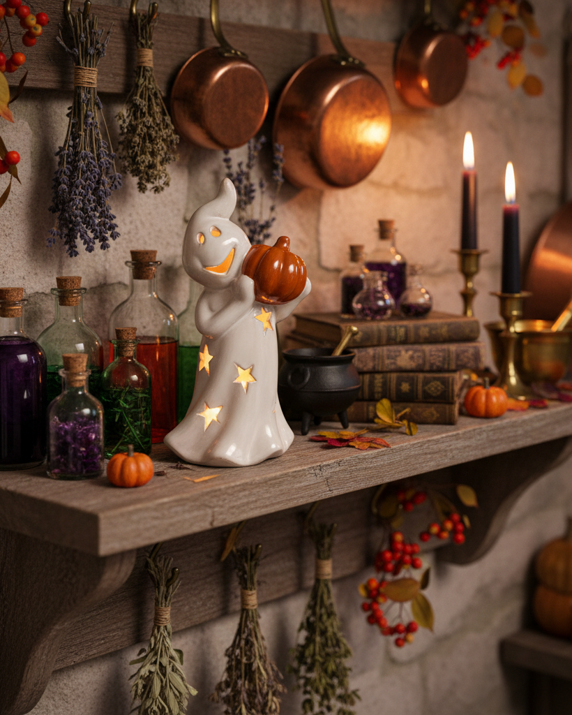 Lanterna LED – Fantasma con zucca in porcellana