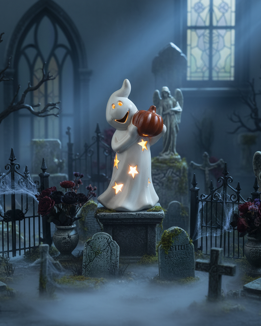 Lanterna LED – Fantasma con zucca in porcellana