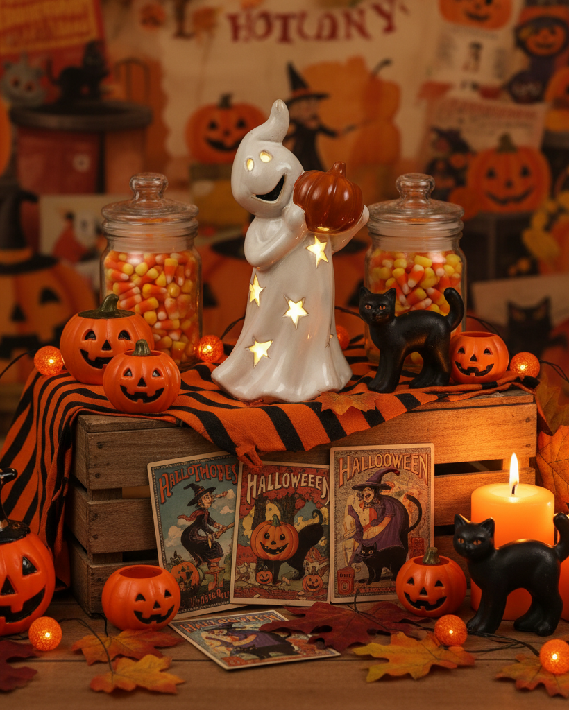 Lanterna LED – Fantasma con zucca in porcellana