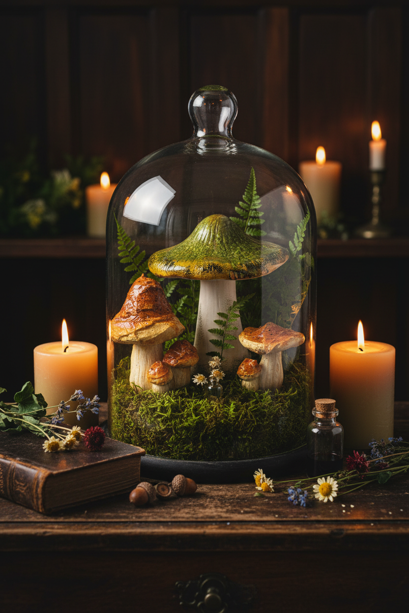 Funghi in campana di vetro — still life dark botanical