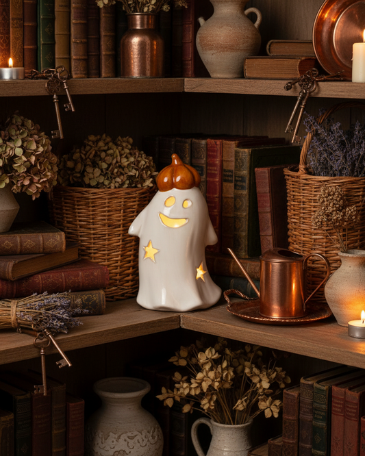 Lanterna LED – Fantasma con zucca in porcellana