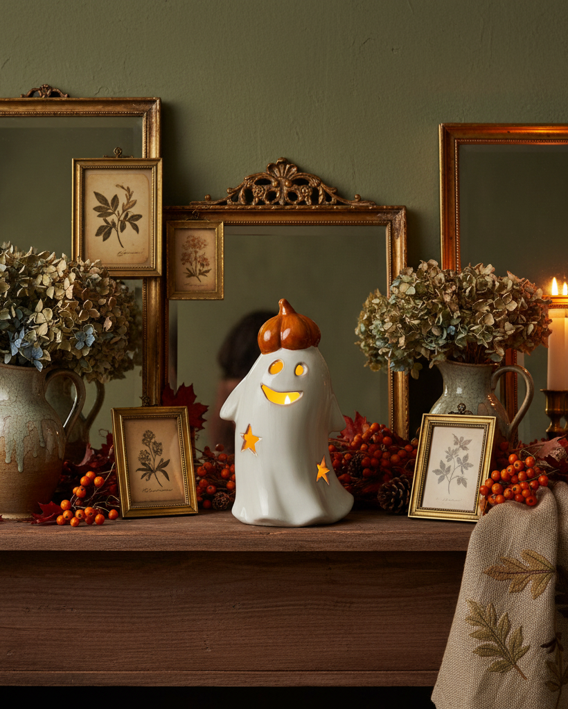 Lanterna LED – Fantasma con zucca in porcellana