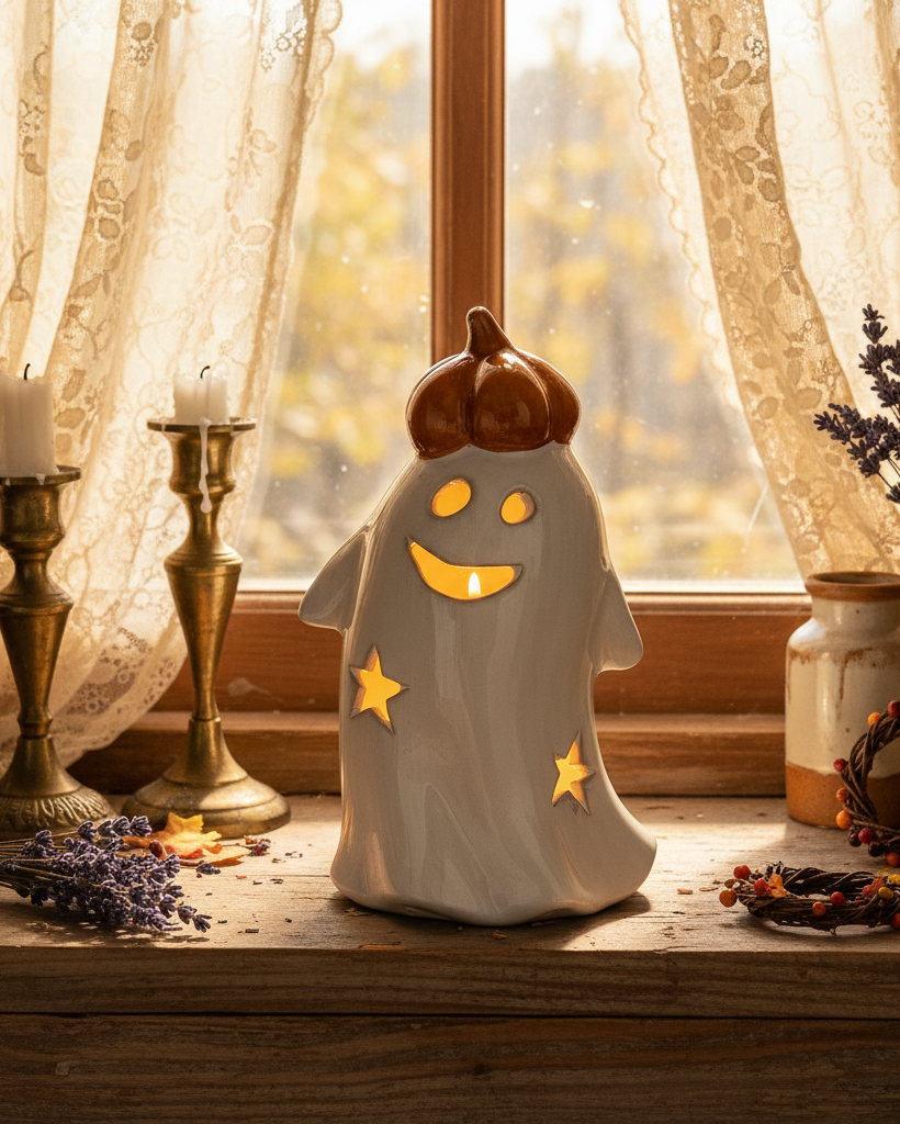 Lanterna LED – Fantasma con zucca in porcellana