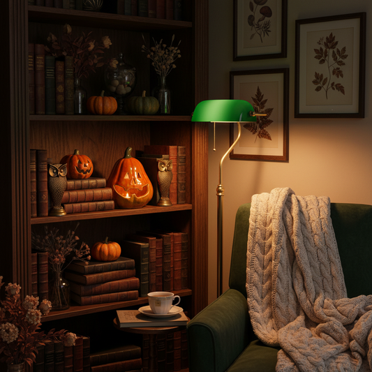 Lanterna LED su libreria dark academia