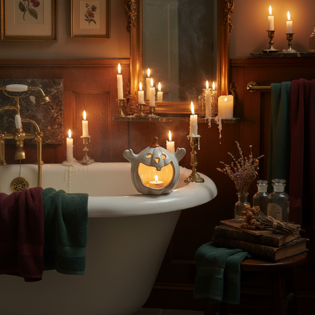Portacandela fantasma con candela accesa vicino alla vasca dark academia