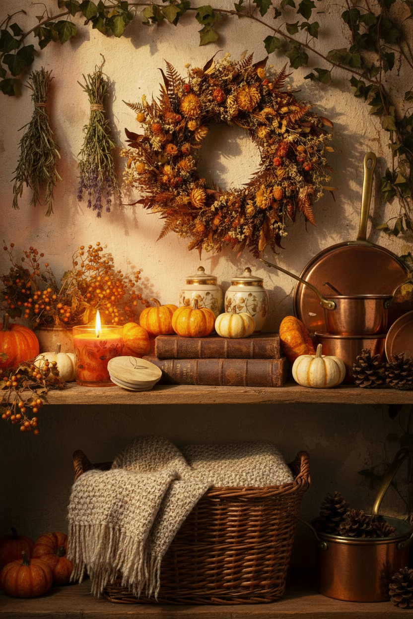 Rustic Autumn Shelf - Candle Lit