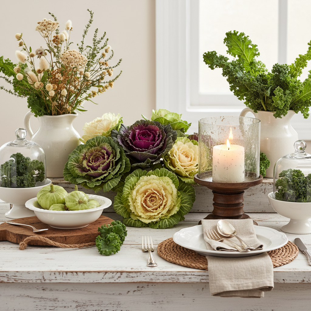 Tavola elegante con cavoli ornamentali viola e verdi