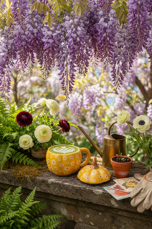 Tazza zucca in giardino primaverile ricco