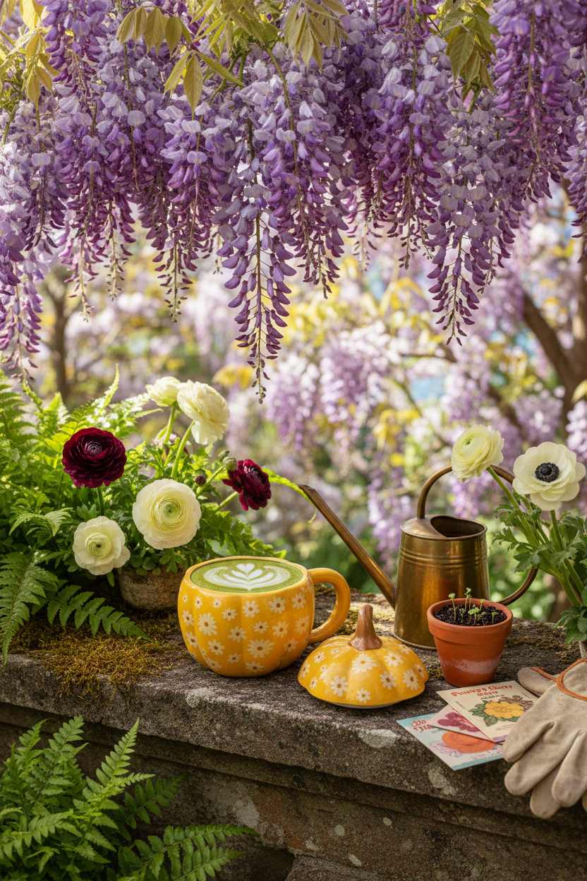 Tazza zucca in giardino primaverile ricco