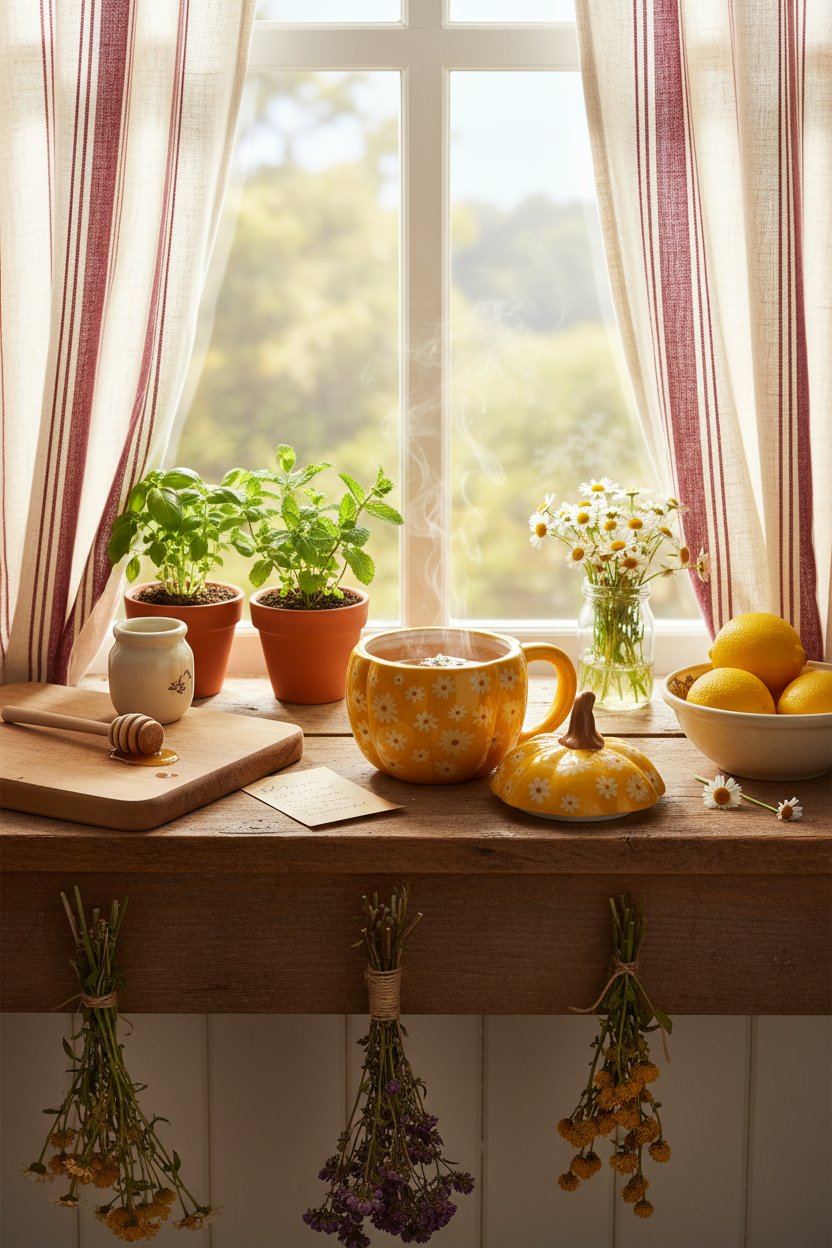 Tazza zucca sul davanzale della cucina