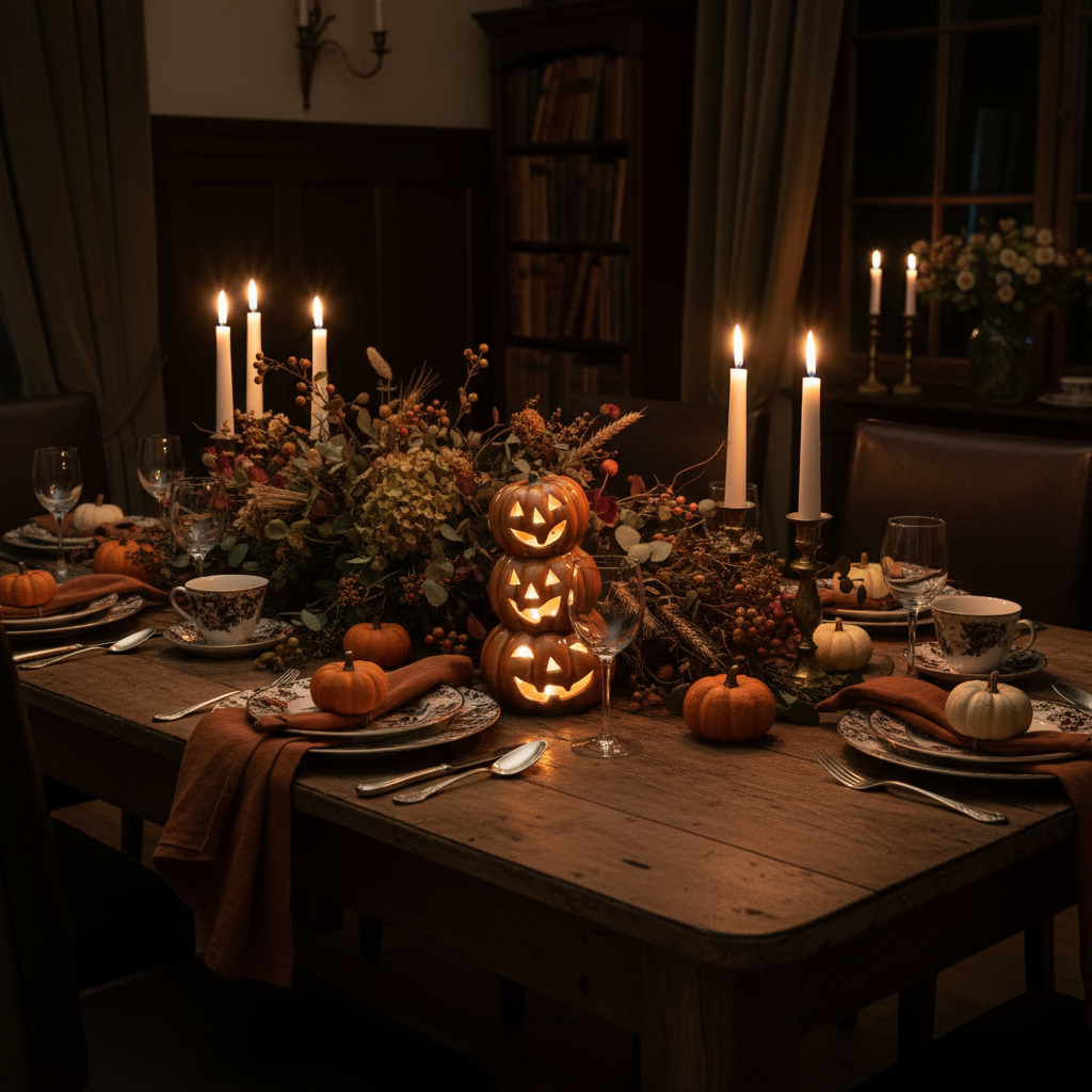 Torre zucche LED su tavola imbandita